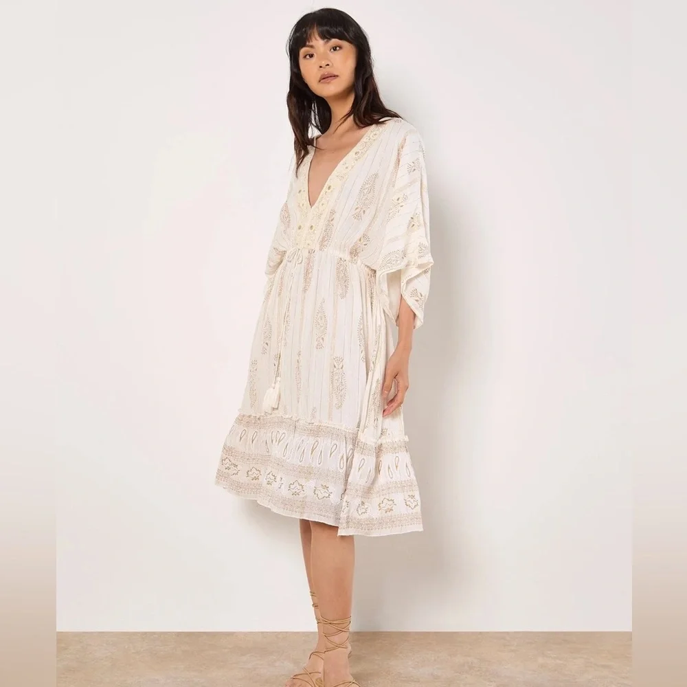 APRICOT 🍑- Boho V-Neck Embroidered Midi Dress in Cream - Picture 1 of 5